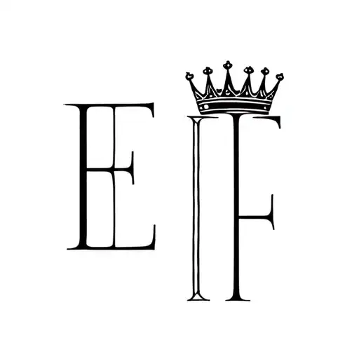 A minimalist tattoo design featuring the letters E and F intertwined with a crown, incorporating fine lines and delicate details tattoo design idea
