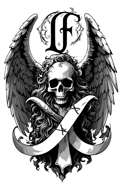 angel of death with a letter L and F tattoo design idea