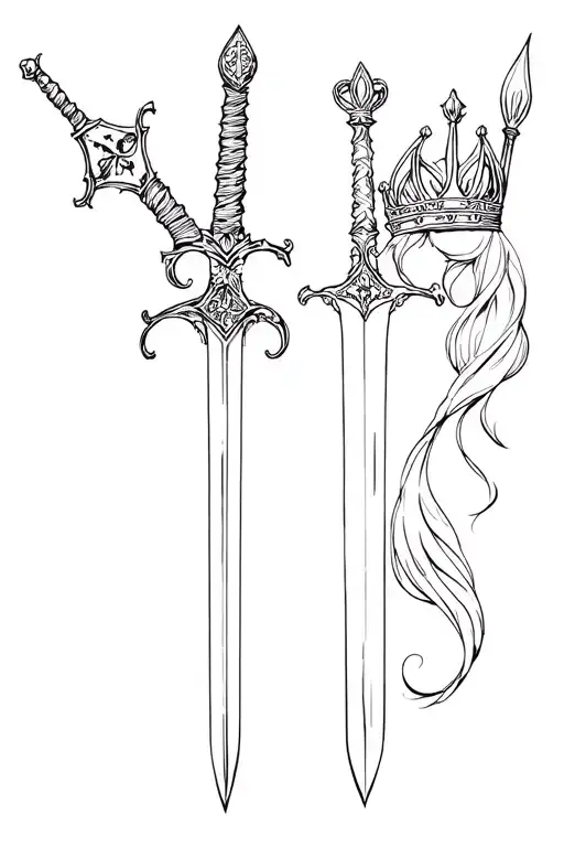 Generate tattoos for a couple, two swords one with the Kralov crown second for a queen with a crown for a woman both in Gothic tattoo design idea