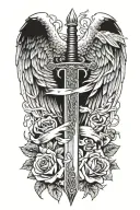 angel wings behind sword, roses tattoo design idea