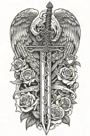 angel wings behind sword, roses tattoo design idea