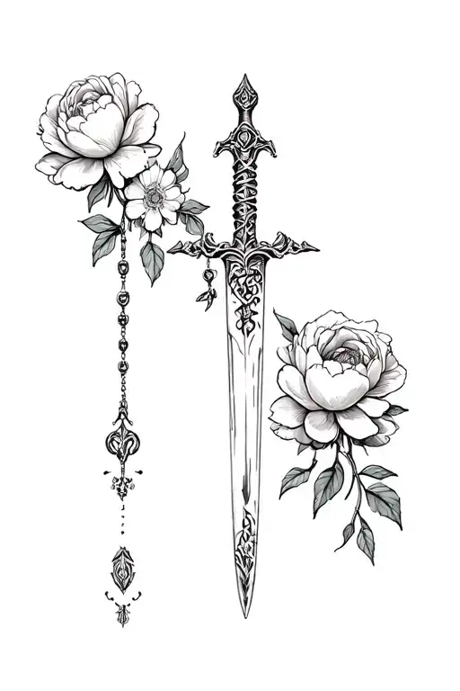 dagger, rosary and peonies growing tattoo design idea