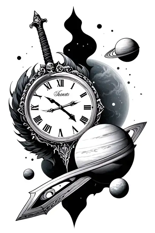 space, planets, time clock, sword tattoo design idea