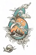 beach, mountain, space, ocean waves tattoo design idea