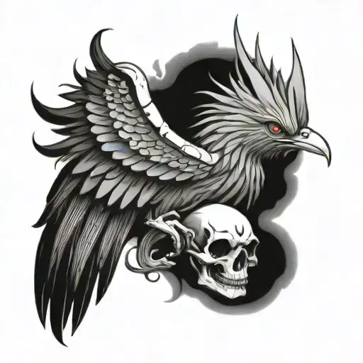 smoky phoenix with a bird skull head tattoo design idea