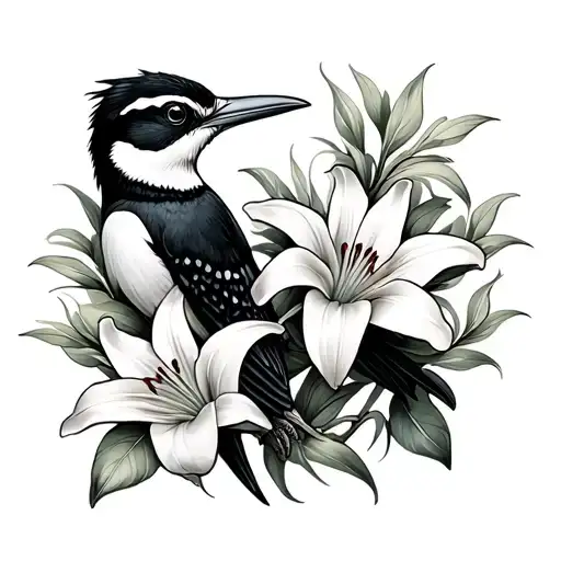 lilies, woodpecker tattoo design idea