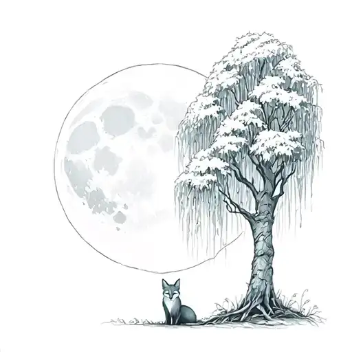 fox under a weeping willow tree with the moon out tattoo design idea