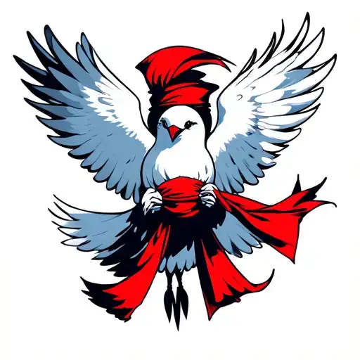 flying white bird holding red scarf tattoo design idea