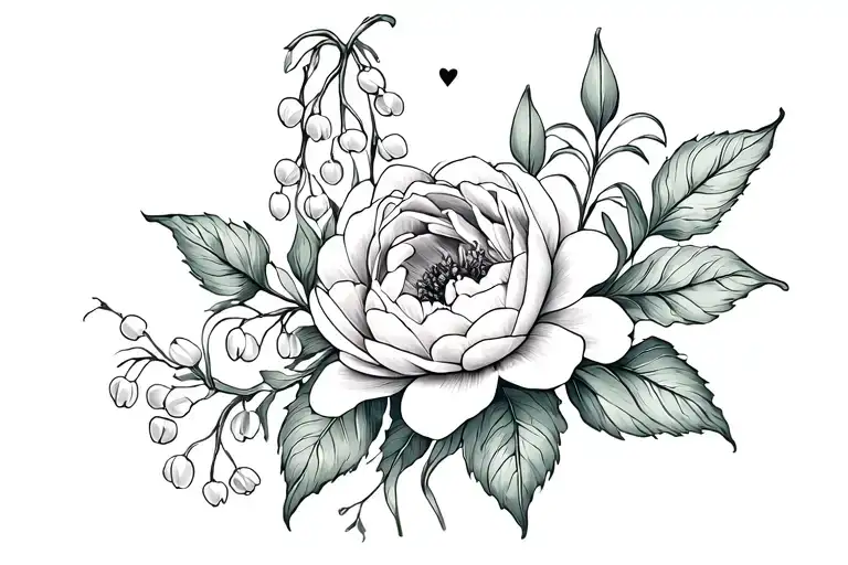 Feminine delicate tattoo with peonies, lily of the valley, hearts, Friday and 3:00. tattoo design idea