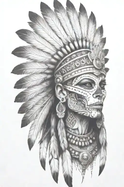 aztec warrior girl, skeletal fierce face, crown skull, geometric patterns feathers, spirituality, afterlife, death tattoo design idea