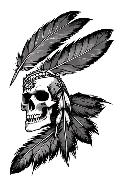 native Americans skull with feathers tattoo design idea