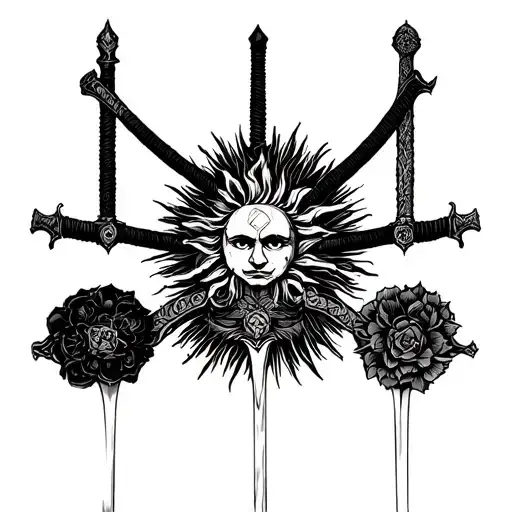 four different filipino sword hilts around a sun rays tattoo design idea