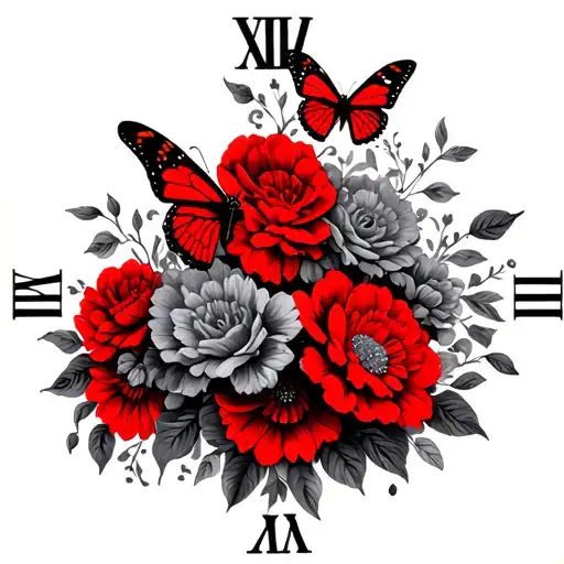 roman numerals, red butterflies and flowers rib tattoo  tattoo design idea