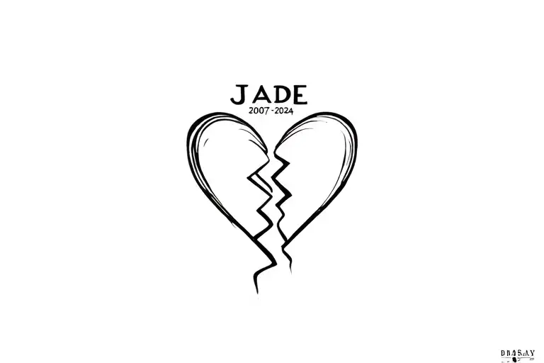 "Jade 2007-2024" Broken heart tattoo design idea