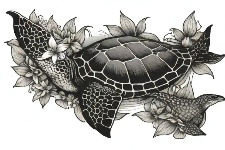sea turtle and eagle ray gracefully swimming with blooming lilac and lily tattoo design idea