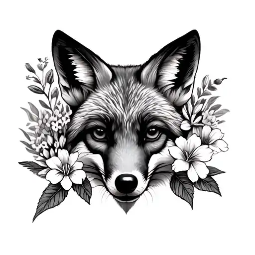 The head of a fox surrounded by cempasuchitl flowers with mountain shadows in the background in black and white tattoo design idea