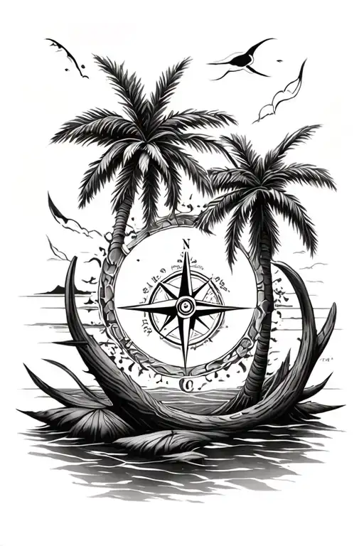 Palm trees and compass rose intertwined tattoo design idea