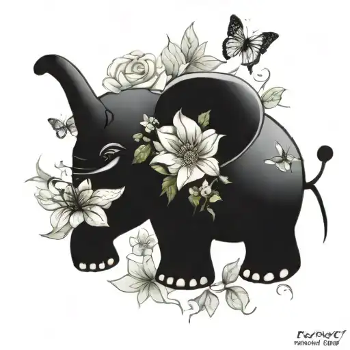 flowers, elephant, butterflies tattoo design idea