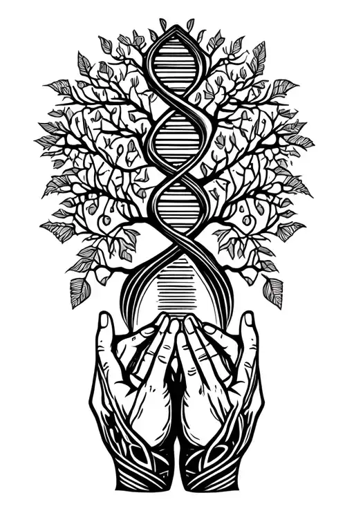 family tree with dna and praying hands holding tattoo design idea