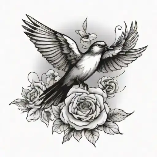 flowers and bird flying away tattoo design idea