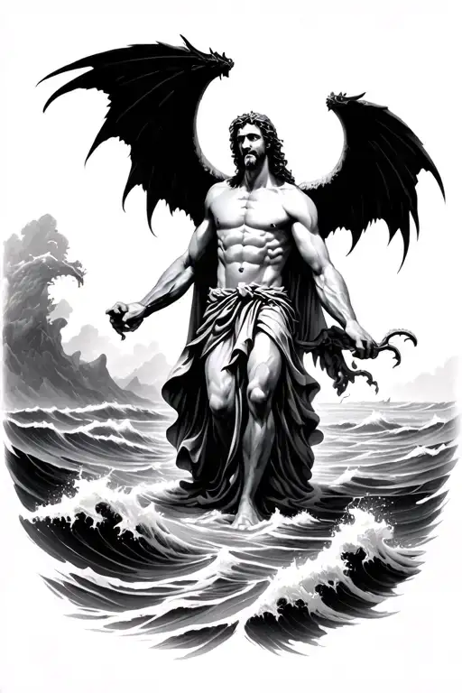arc angle st michael killing satan with waves crashing in the background creek art style  tattoo design idea