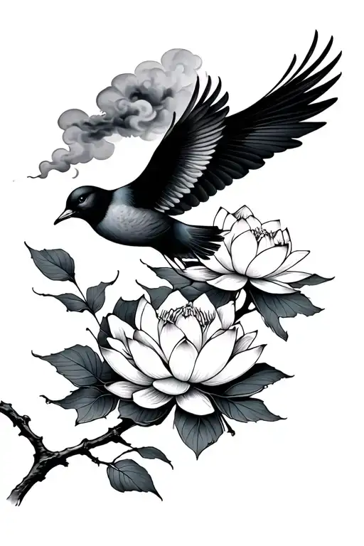 black mist/ cloud figure, lotus pedals, lotus flowers on a branch, Japanese bird flying,  tattoo design idea