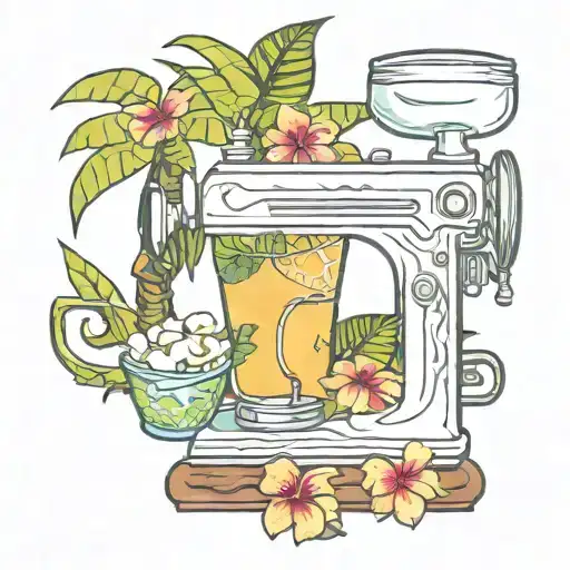 sewing machine palm tree wave cocktail coconut plumeria tiki tattoo design idea