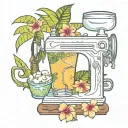 sewing machine palm tree wave cocktail coconut plumeria tiki tattoo design idea