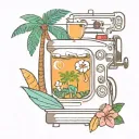 sewing machine palm tree wave cocktail coconut plumeria tiki tattoo design idea