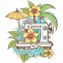 sewing machine palm tree wave cocktail coconut plumeria tiki tattoo design idea