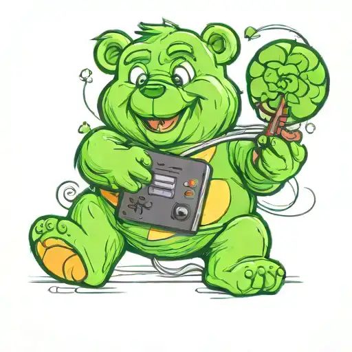 green care bear with four leaf clover symbol on belly plays video games tattoo design idea