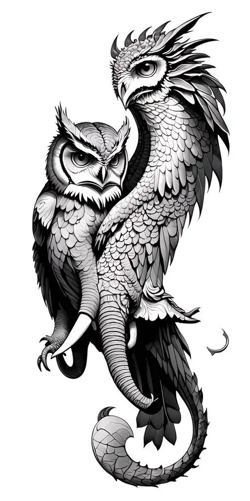 Owl And Elephant and dragon flying tattoo design idea