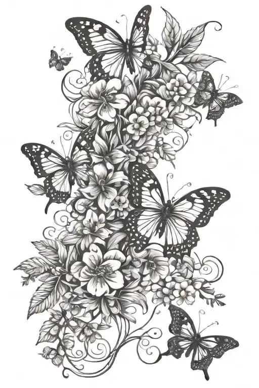 vines and flowers with butterflies tattoo design idea