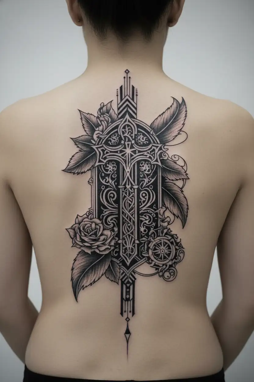 a men's shin tattoo design with catholic religious stuff. not a cross. also include a couple cardinals.  tattoo design idea