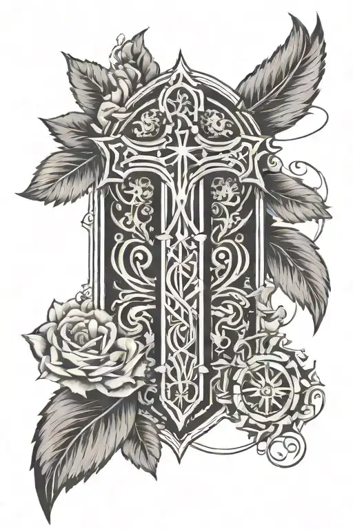 a men's shin tattoo design with catholic religious stuff. not a cross. also include a couple cardinals.  tattoo design idea