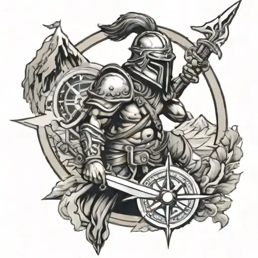 warrior with sword compass anchor and helmet and mountain  tattoo design idea