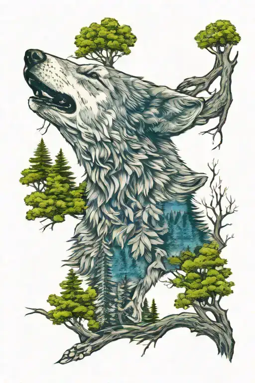 wolf in howling forest scene tattoo design idea