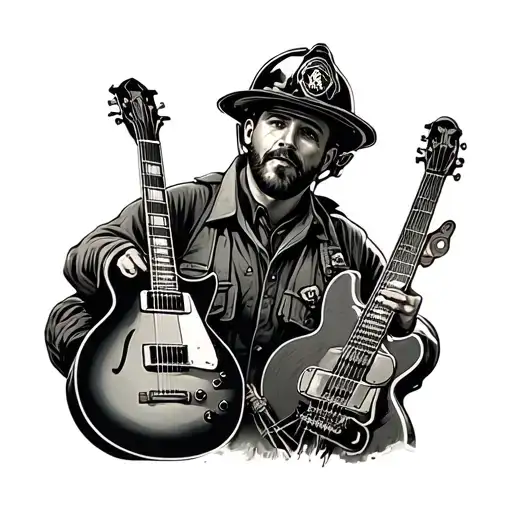 guitar and firefighters tattoo design idea