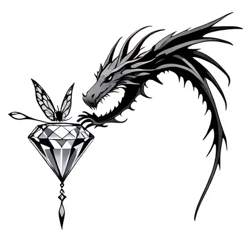 Dark dragon guarding a diamond met by a sweet fairy with tribal wings  tattoo design idea