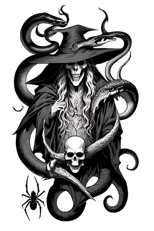create me an arm sleeve that on the shoulder has a dark wizard and on the forearm there is a snake a skull and a spider tattoo design idea