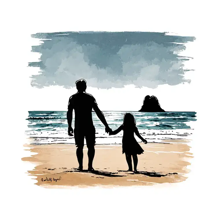 father and daughter holding hands on the beach from behind  tattoo design idea