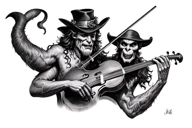 tatto design of the song the devil went down to GA with both Charlie and the devil with Charlie playing a fiddle  tattoo design idea