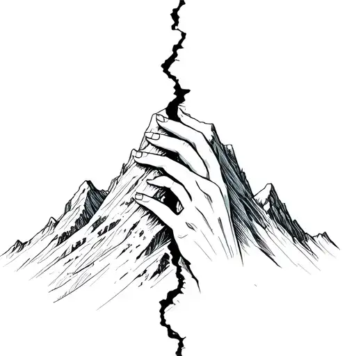 A single mountain, being split in half diagonally. A hand with fingers together going through the mountain split. tattoo design idea