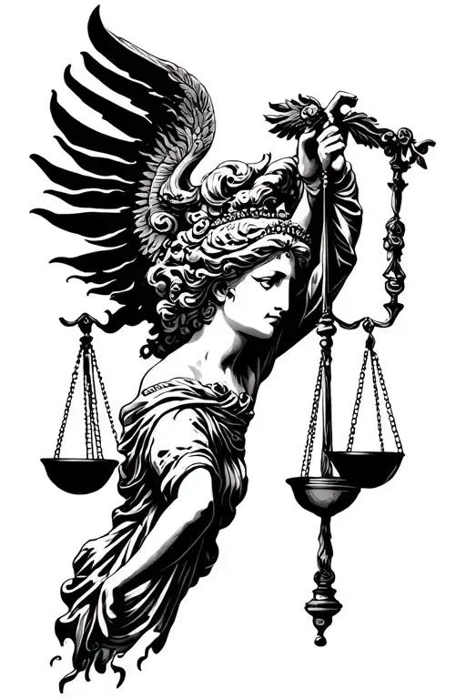 I want the design to revolve around the goddess of justice - Themis. I want it to be a bit horror-like.  tattoo design idea