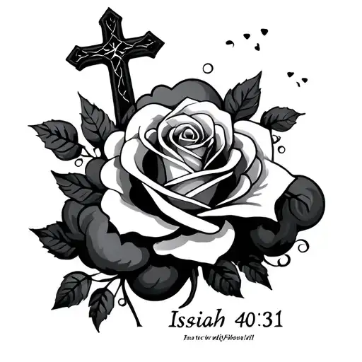 clouds, cross, rose, Isaiah 40:31 bible verse written tattoo design idea