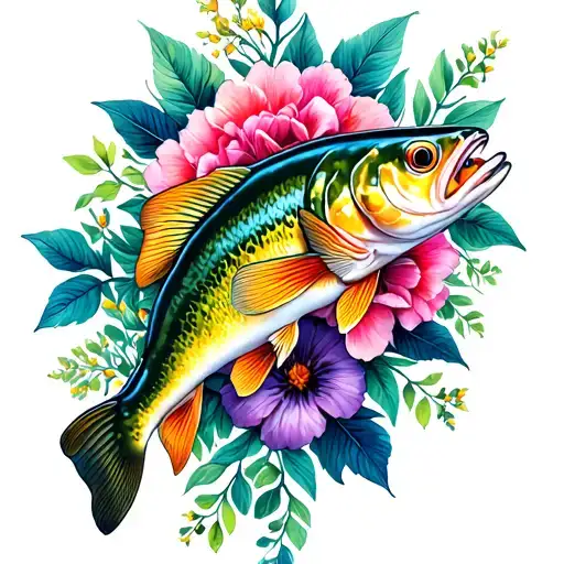 walleye and floral tattoo design idea