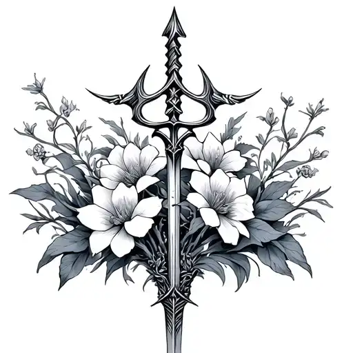 poseidon trident surrounded with japanese flowers tattoo design idea