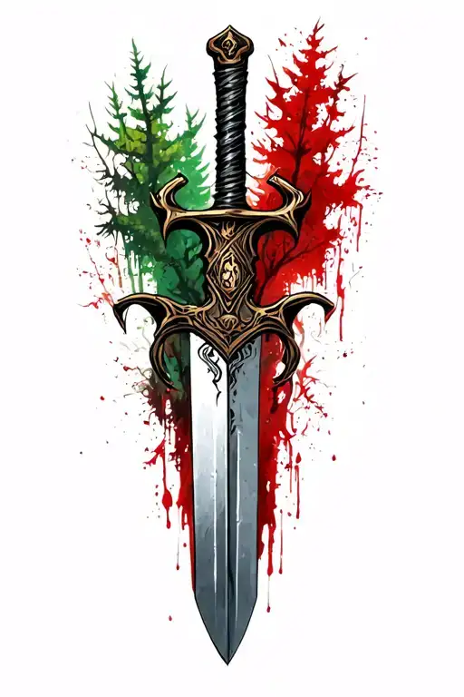 long dagger on the forest, covered blood, elf tattoo design idea