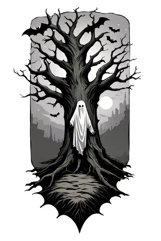 Dead tree with bedsheet ghost standing in front, and bats flying above  tattoo design idea