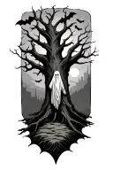 Dead tree with bedsheet ghost standing in front, and bats flying above  tattoo design idea